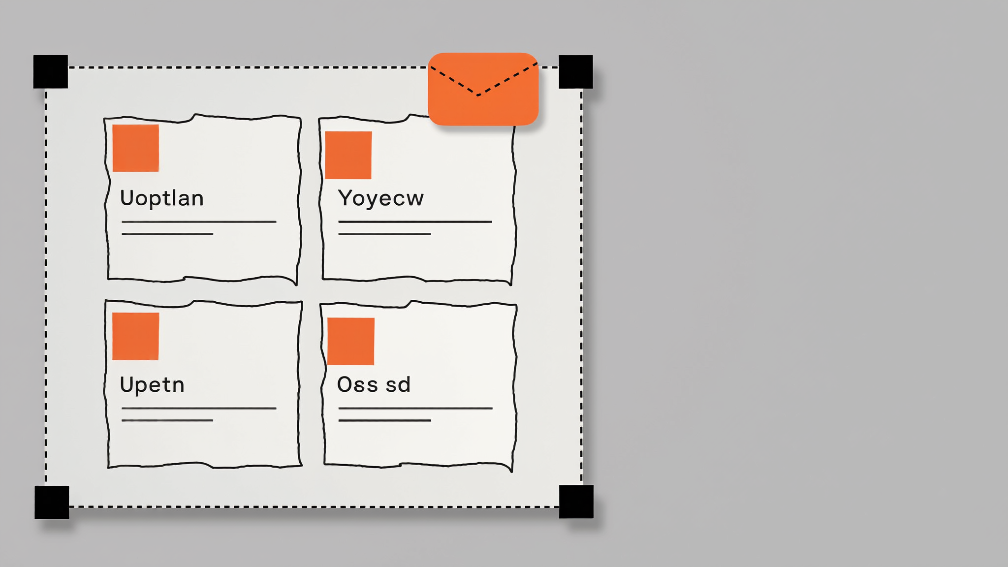 Flat illustration of three short update cards in a dotted panel with black corner handles and a small orange envelope, on a pale grey background.